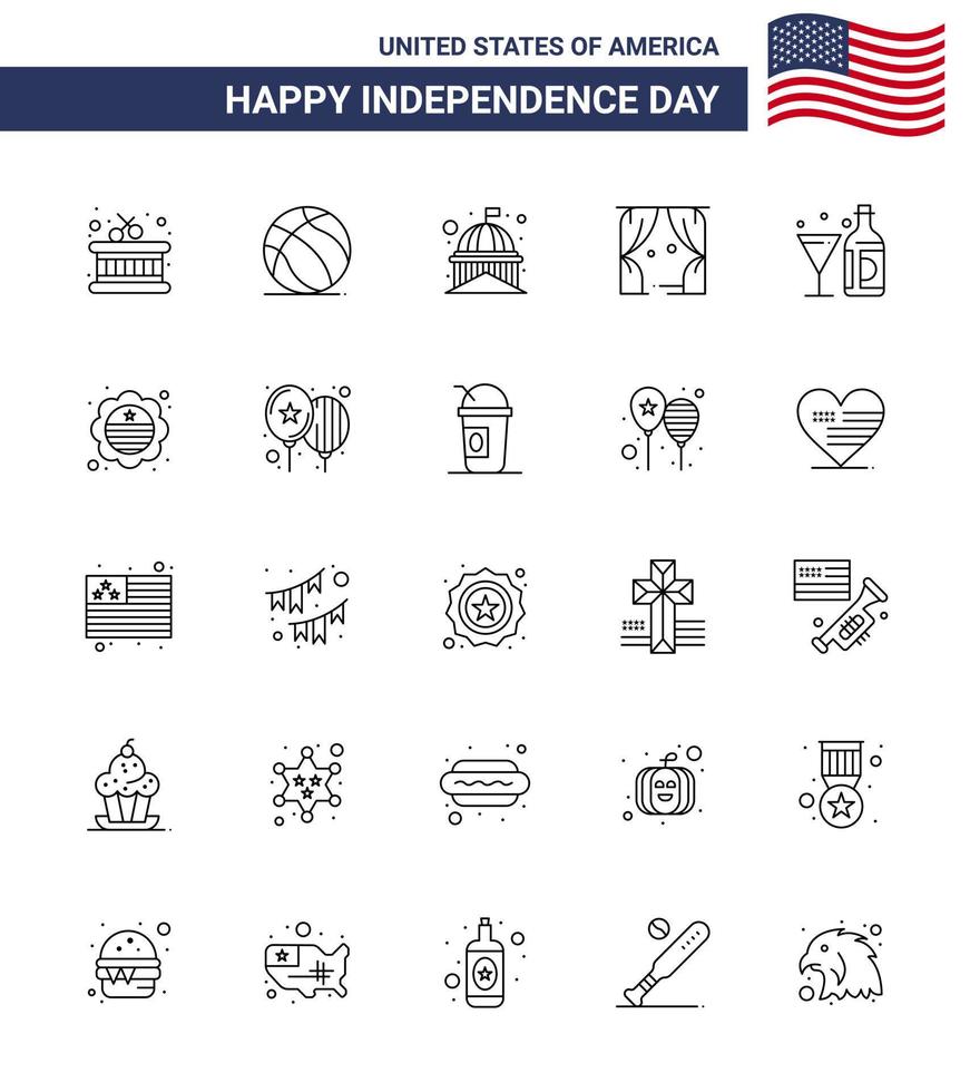 Big Pack of 25 USA Happy Independence Day USA Vector Lines and Editable Symbols of wine usa house theatre entertainment Editable USA Day Vector Design Elements