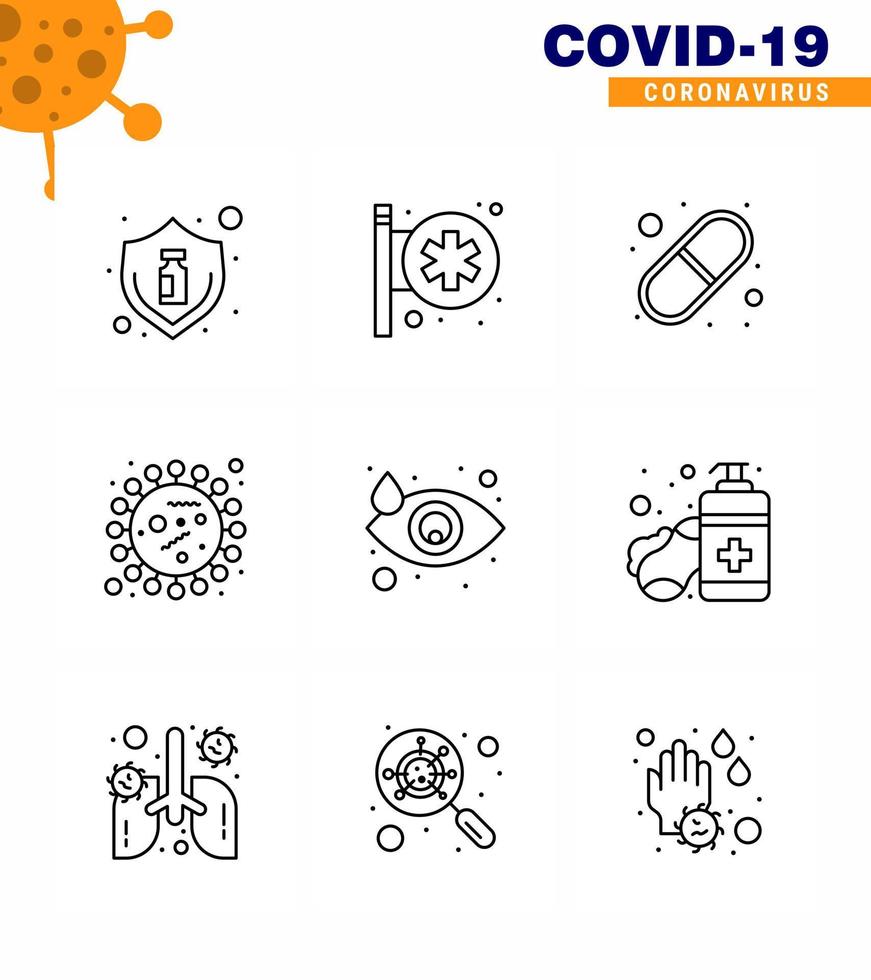 Coronavirus Prevention Set Icons 9 Line icon such as bacteria covid pharmacy coronavirus pills viral coronavirus 2019nov disease Vector Design Elements