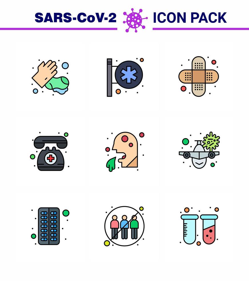 Covid19 Protection CoronaVirus Pendamic 9 Filled Line Flat Color icon set such as healthcare vomit aid emergency medical assistance viral coronavirus 2019nov disease Vector Design Elements