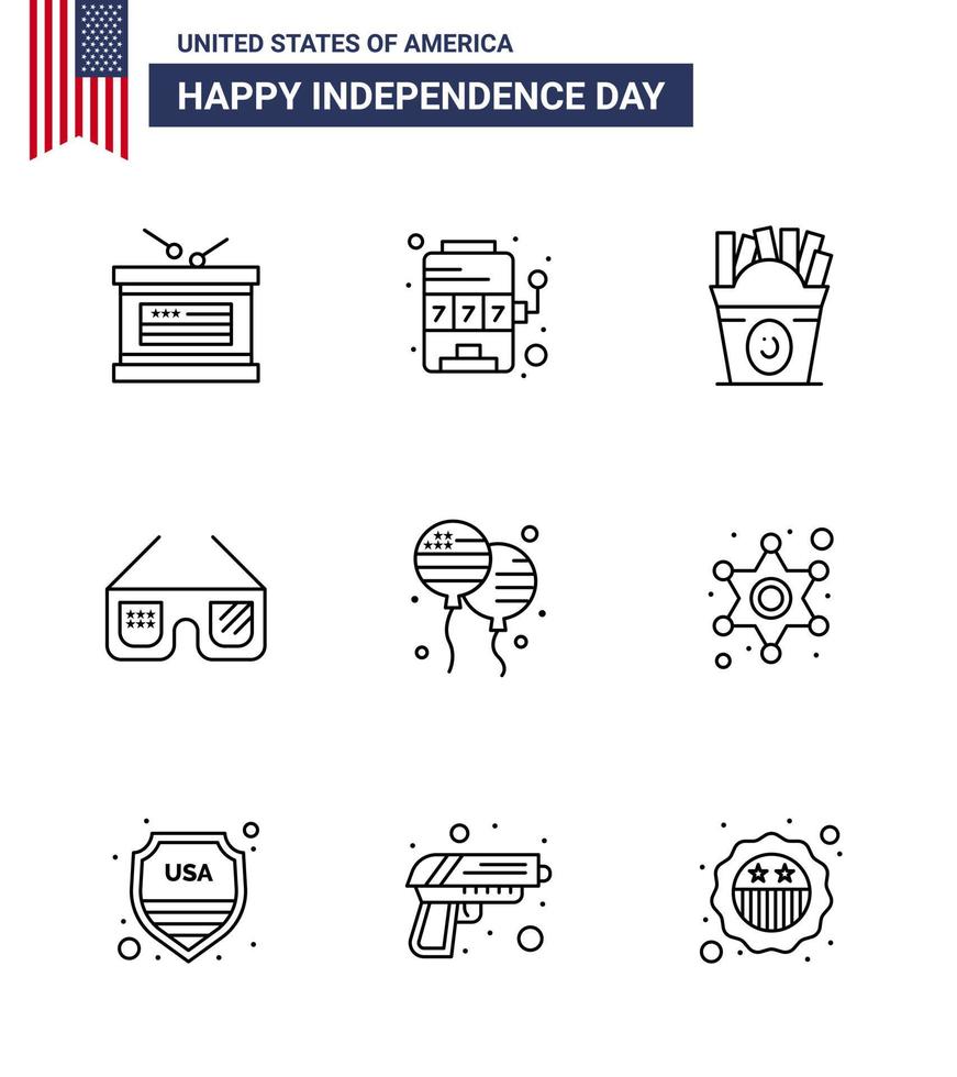 feliz día de la independencia usa paquete de 9 líneas creativas de bloons usa frise imerican gafas de sol editable usa day elementos de diseño vectorial vector