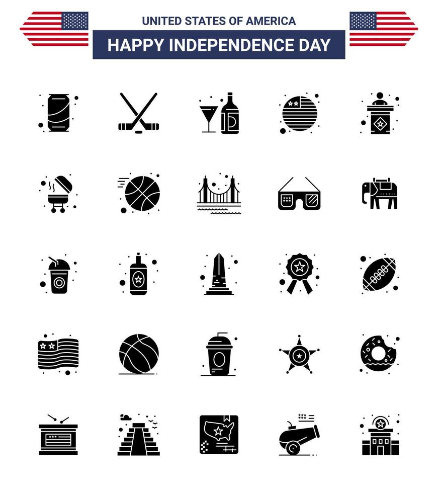 feliz día de la independencia 25 paquete de iconos de glifos sólidos para web e impresión elecciones bandera internacional bebida bandera vidrio elementos de diseño vectorial del día de estados unidos editables vector