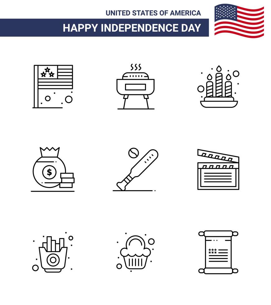 feliz día de la independencia 4 de julio conjunto de 9 líneas pictografía americana de vela de bola de murciélago bolsa americana editable día de estados unidos elementos de diseño vectorial vector