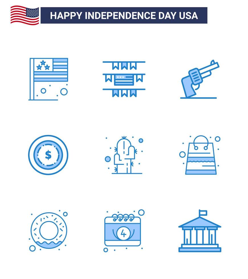 Pack of 9 USA Independence Day Celebration Blues Signs and 4th July Symbols such as desert flower hand cactus dollar Editable USA Day Vector Design Elements