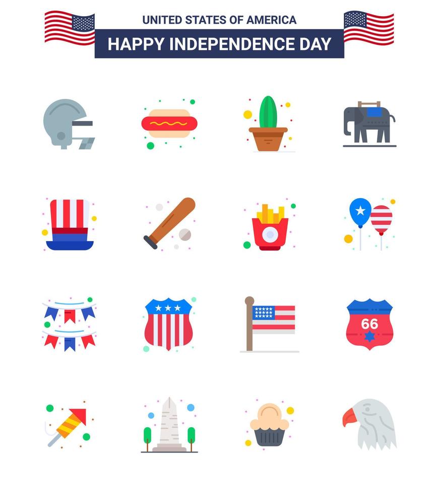 Pack of 16 creative USA Independence Day related Flats of usa hat flower day american Editable USA Day Vector Design Elements