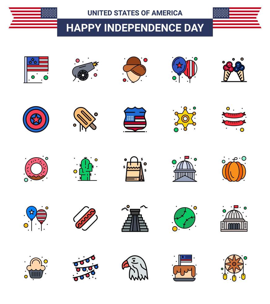 Pack of 25 USA Independence Day Celebration Flat Filled Lines Signs and 4th July Symbols such as cream icecream usa party celebrate Editable USA Day Vector Design Elements