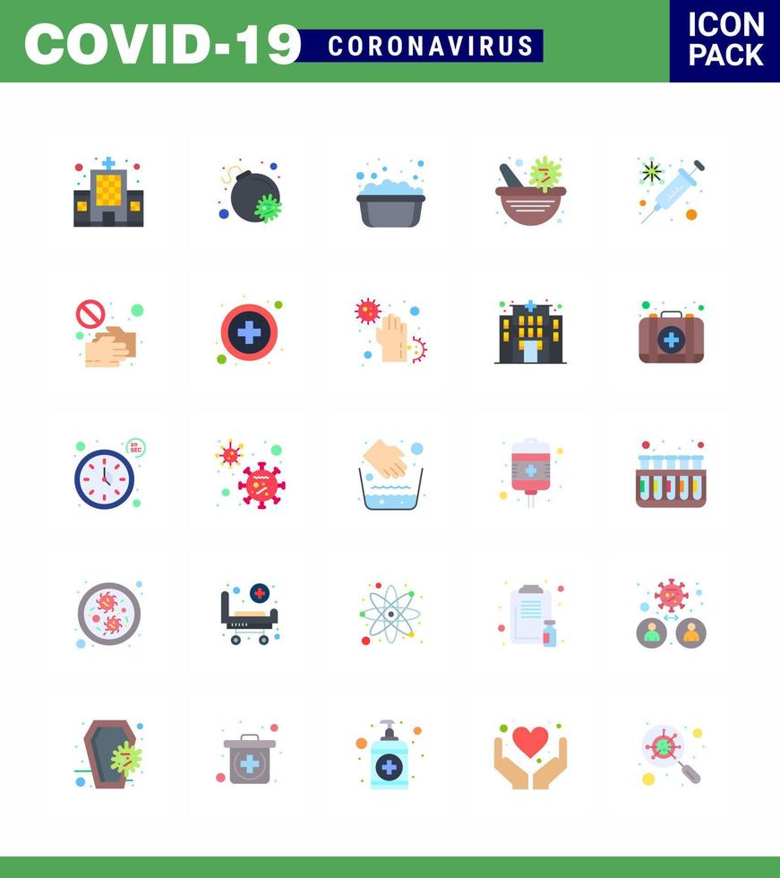 Covid19 icon set for infographic 25 Flat Color pack such as vaccine flu hand washing virus vaccine pharmacy viral coronavirus 2019nov disease Vector Design Elements