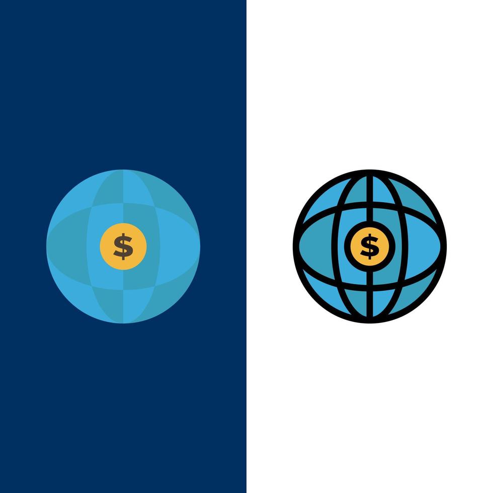 World Globe Internet Dollar  Icons Flat and Line Filled Icon Set Vector Blue Background