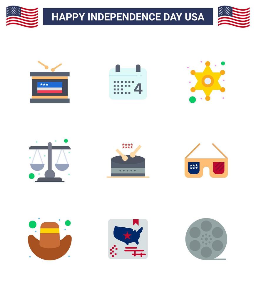 Happy Independence Day Pack of 9 Flats Signs and Symbols for instrument scale men law court Editable USA Day Vector Design Elements