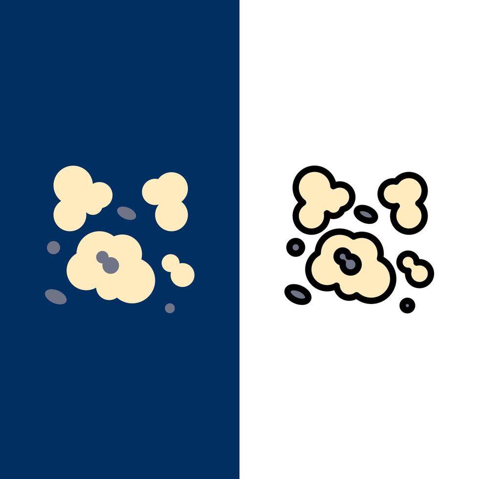 iconos de contaminación del medio ambiente de polvo de aire plano y conjunto de iconos llenos de línea vector fondo azul