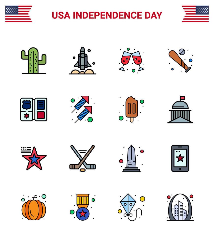 16 USA Flat Filled Line Pack of Independence Day Signs and Symbols of book sports usa bat ball Editable USA Day Vector Design Elements