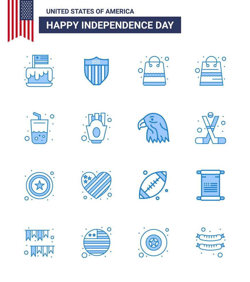 4th July USA Happy Independence Day Icon Symbols Group of 16 Modern Blues of chips summer usa drink shop Editable USA Day Vector Design Elements