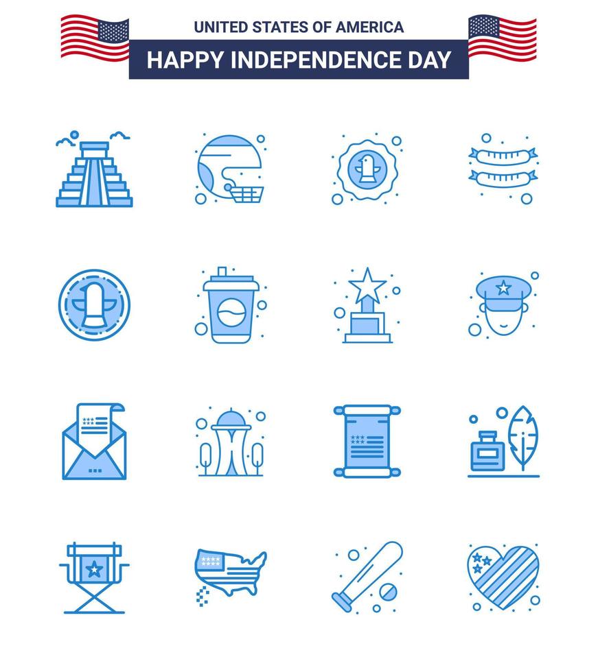 USA Happy Independence DayPictogram Set of 16 Simple Blues of sausage food state badge celebration Editable USA Day Vector Design Elements