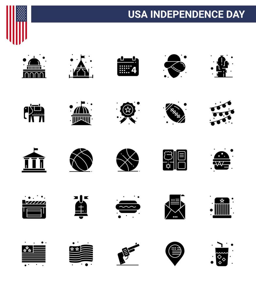 25 USA Solid Glyph Pack of Independence Day Signs and Symbols of desert flower day cactus cowboy Editable USA Day Vector Design Elements