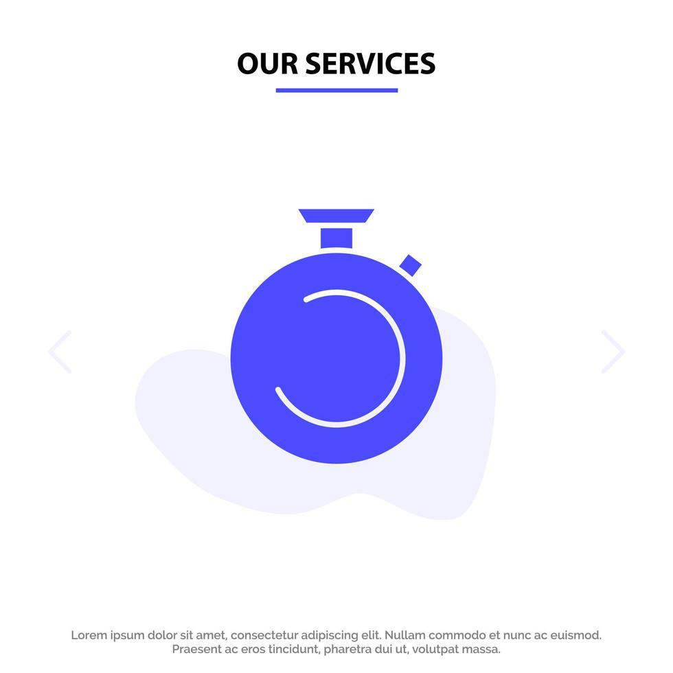 nuestros servicios brújula reloj cronómetro temporizador ver icono de glifo sólido plantilla de tarjeta web vector