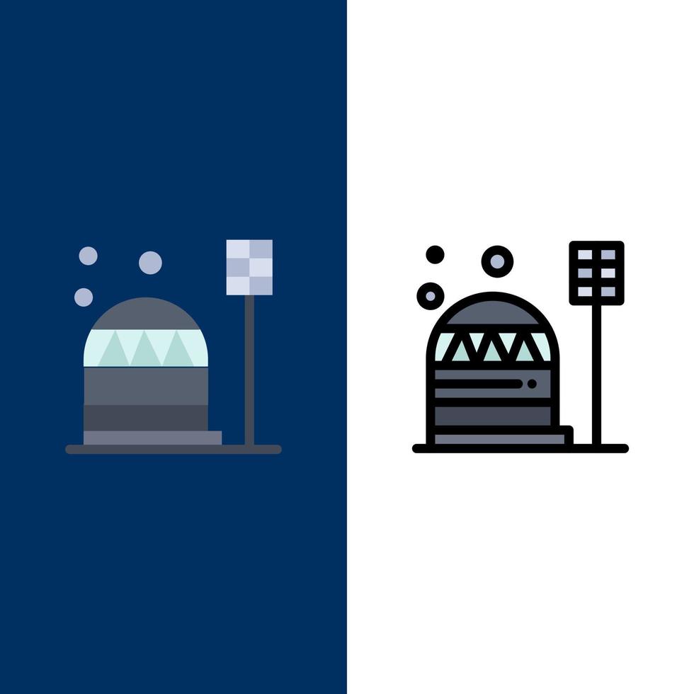 Base Colony Construction Dome Habitation  Icons Flat and Line Filled Icon Set Vector Blue Background