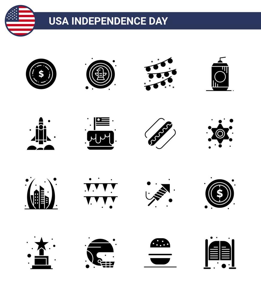 USA Independence Day Solid Glyph Set of 16 USA Pictograms of spaceship launcher buntings usa cola Editable USA Day Vector Design Elements