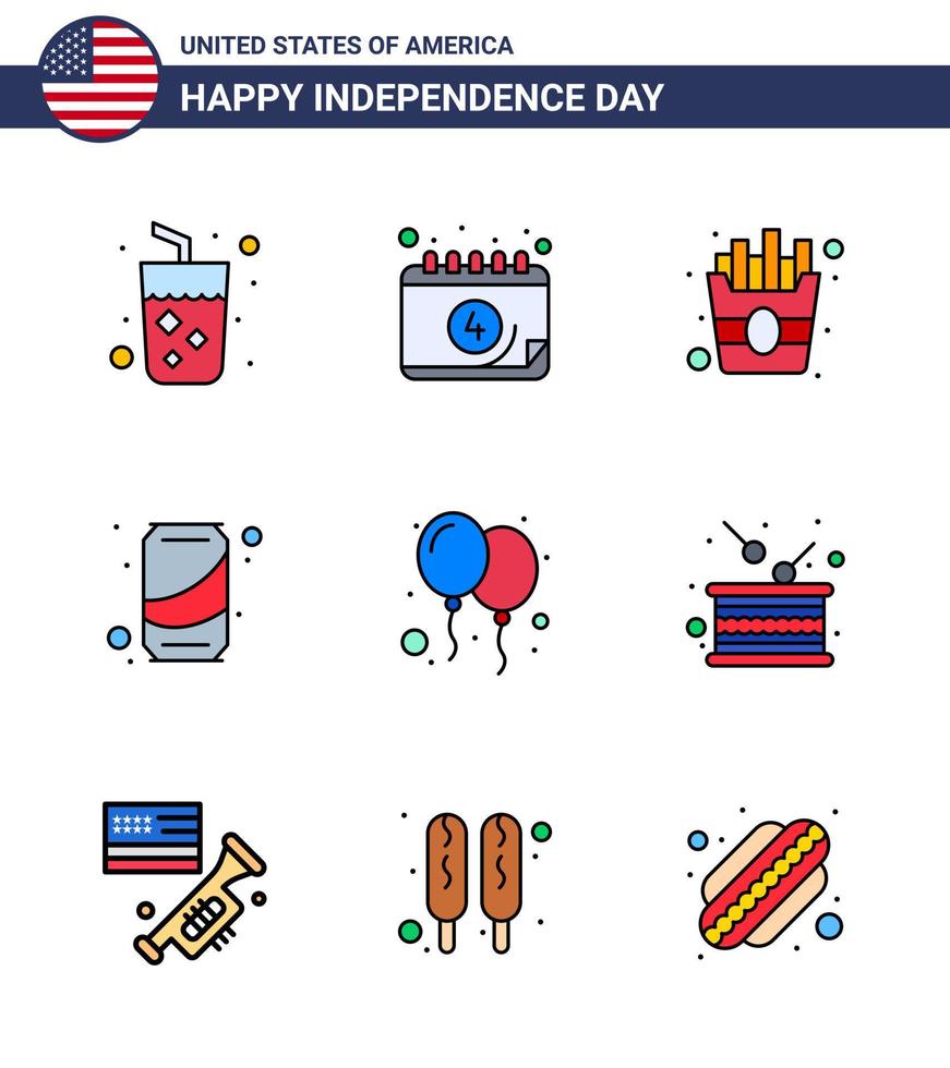USA Independence Day Flat Filled Line Set of 9 USA Pictograms of day balloons fast cola can Editable USA Day Vector Design Elements