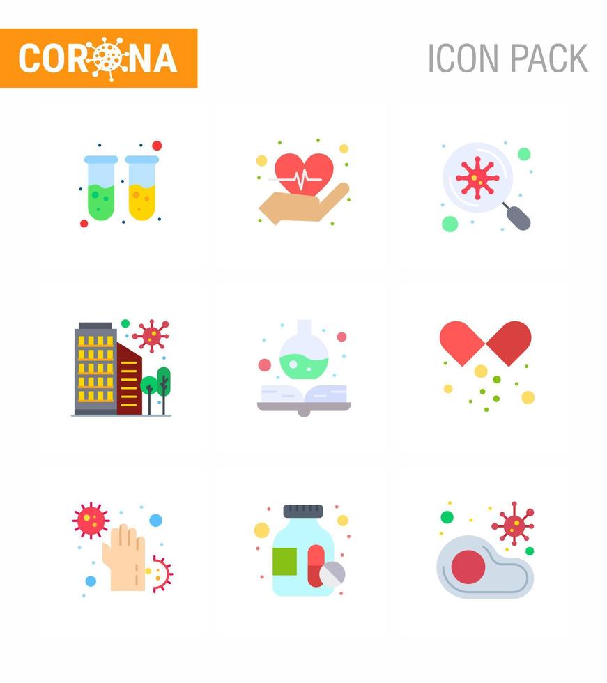 icono de consejos de precaución de coronavirus para la presentación de pautas de atención médica 9 paquete de iconos de color plano, como manual seguridad búsqueda protección ciudad coronavirus viral 2019nov elemento de diseño de vector de enfermedad