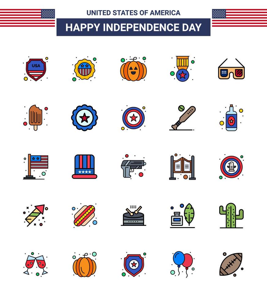Flat Filled Line Pack of 25 USA Independence Day Symbols of imerican sunglasses food military badge Editable USA Day Vector Design Elements