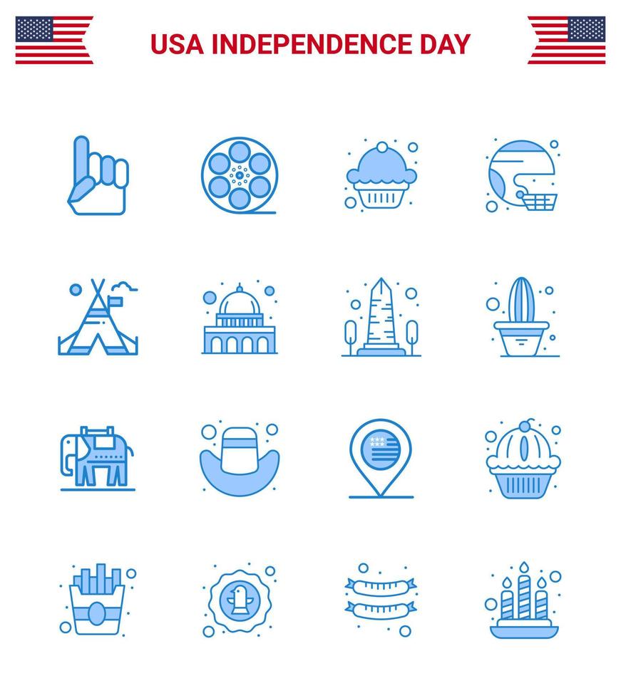 Group of 16 Blues Set for Independence day of United States of America such as tent free state cake sport football Editable USA Day Vector Design Elements