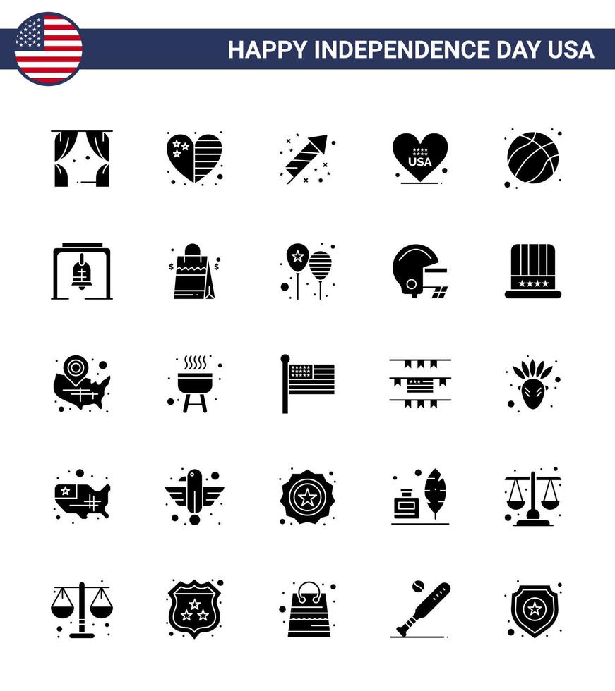 Stock Vector Icon Pack of American Day 25 Solid Glyph Signs and Symbols for ball usa celebration american heart Editable USA Day Vector Design Elements