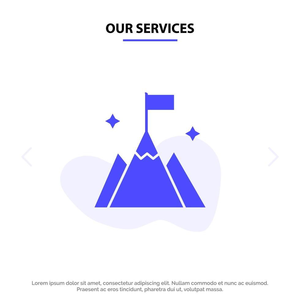 nuestros servicios interfaz de usuario de bandera de montaña icono de glifo sólido plantilla de tarjeta web vector