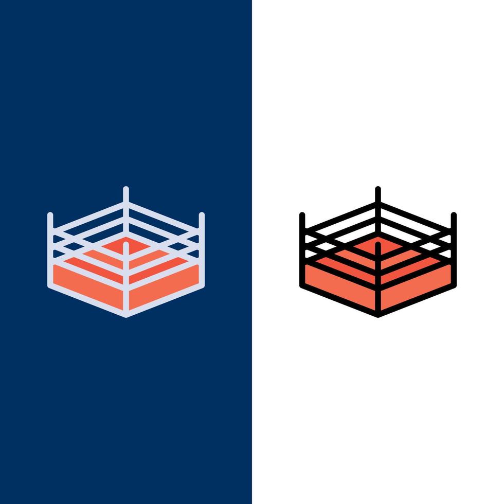 ring de boxeo iconos de lucha plana y conjunto de iconos llenos de línea vector fondo azul