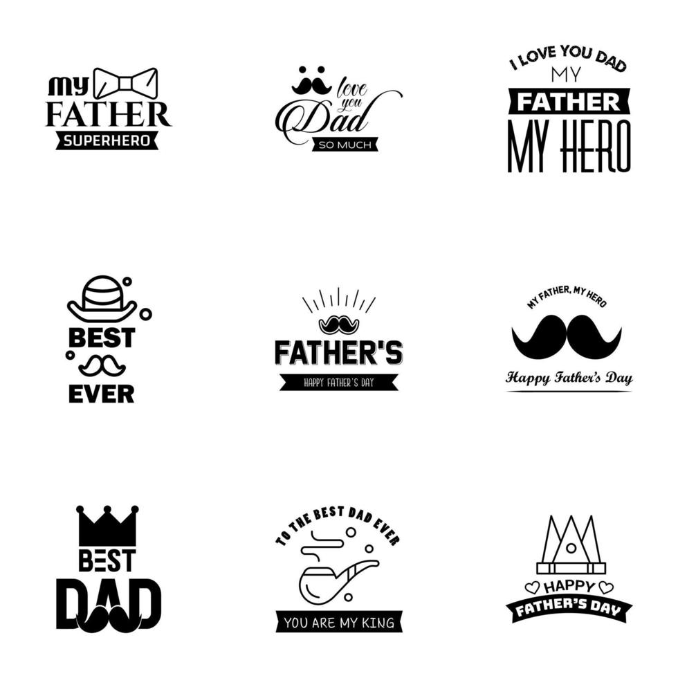 letras del día del padre 9 emblemas caligráficos negros insignias conjunto aislado en azul oscuro feliz día del padre mejor papá te amo papá inscripción vector elementos de diseño para tarjetas de felicitación y otros elementos impresos