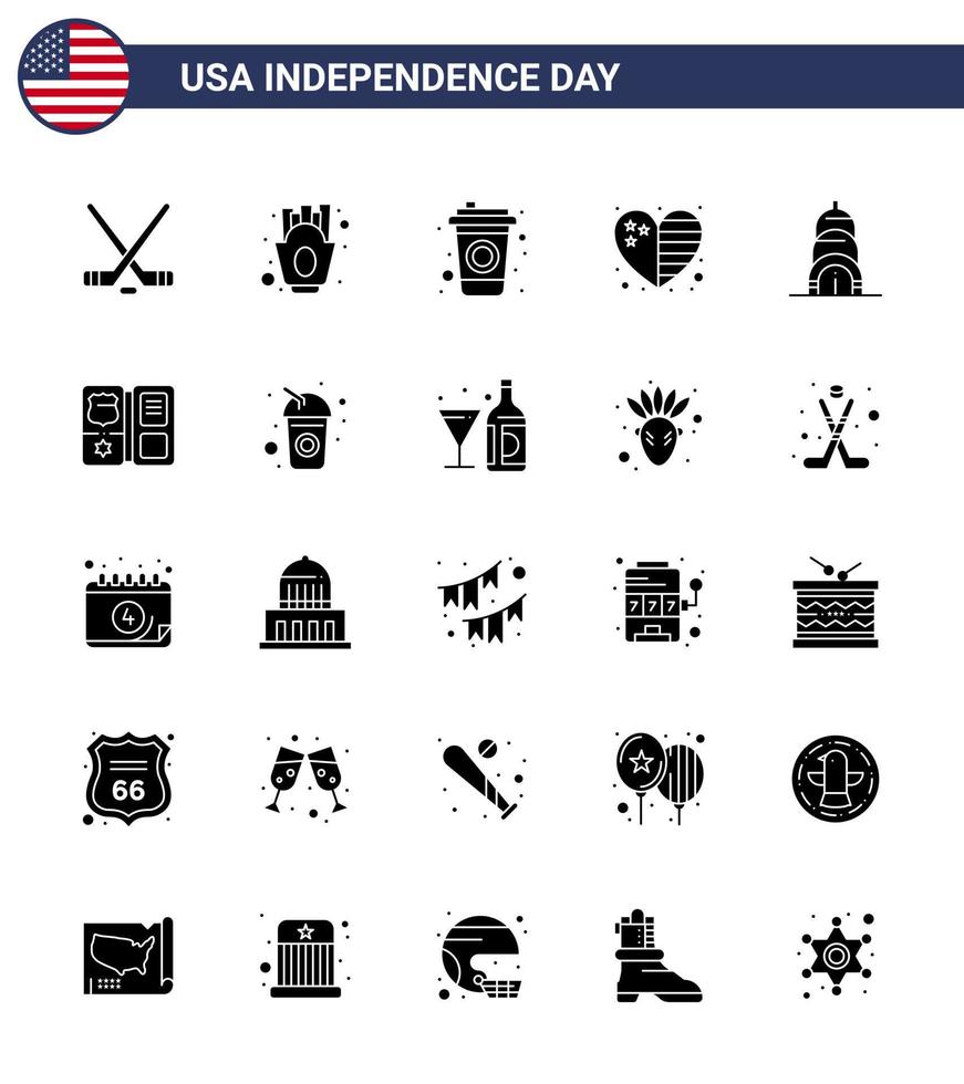 Modern Set of 25 Solid Glyph and symbols on USA Independence Day such as usa chrysler bottle usa country Editable USA Day Vector Design Elements