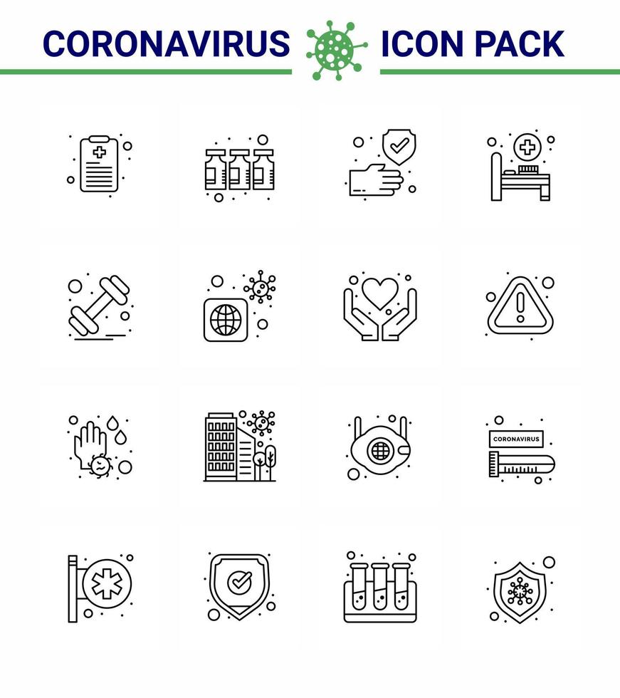 conjunto de iconos de prevención de coronavirus 25 gimnasio deportivo azul mancuerna de mano cama de hospital coronavirus viral 2019nov elementos de diseño de vector de enfermedad