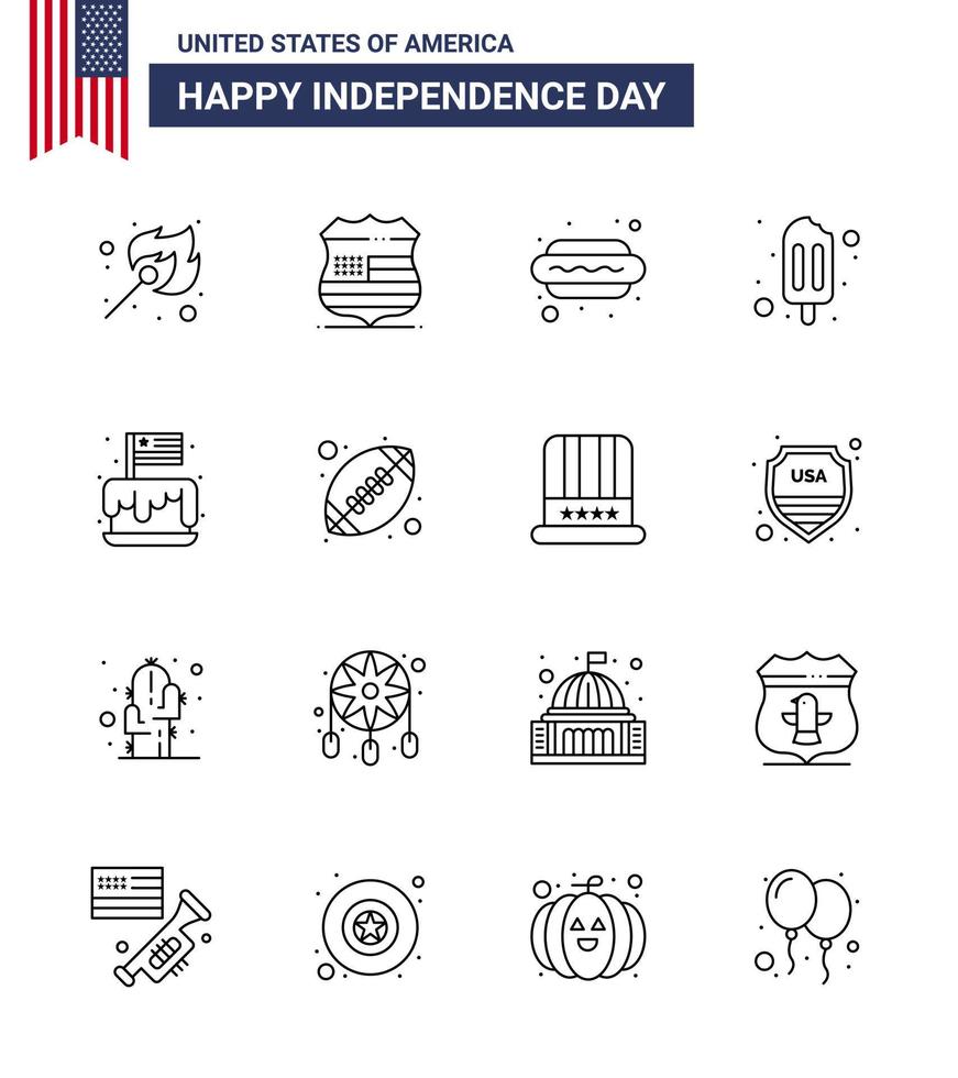 Modern Set of 16 Lines and symbols on USA Independence Day such as independence festival hot dog cream ice cream Editable USA Day Vector Design Elements