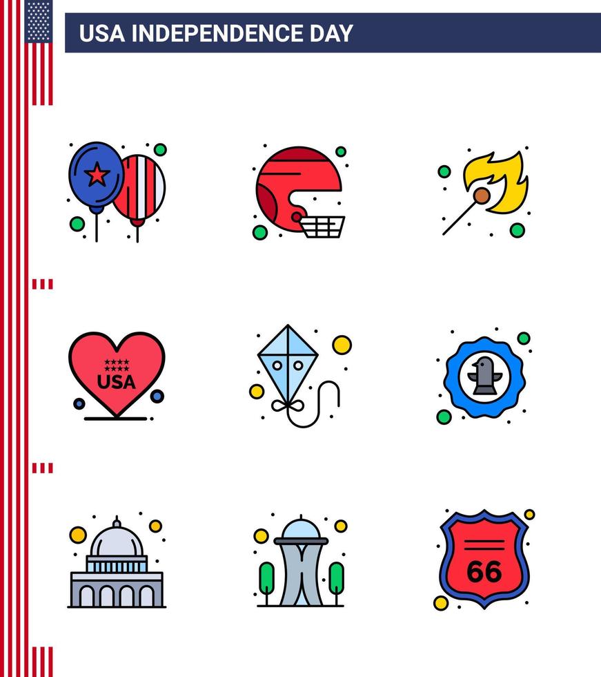 Group of 9 Flat Filled Lines Set for Independence day of United States of America such as usa love state heart match Editable USA Day Vector Design Elements