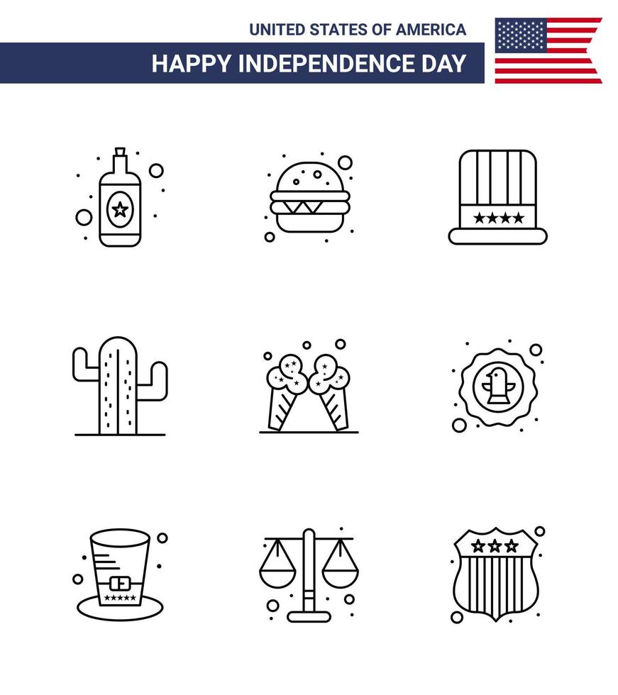 Set of 9 Vector Lines on 4th July USA Independence Day such as american ice american icecream plent Editable USA Day Vector Design Elements