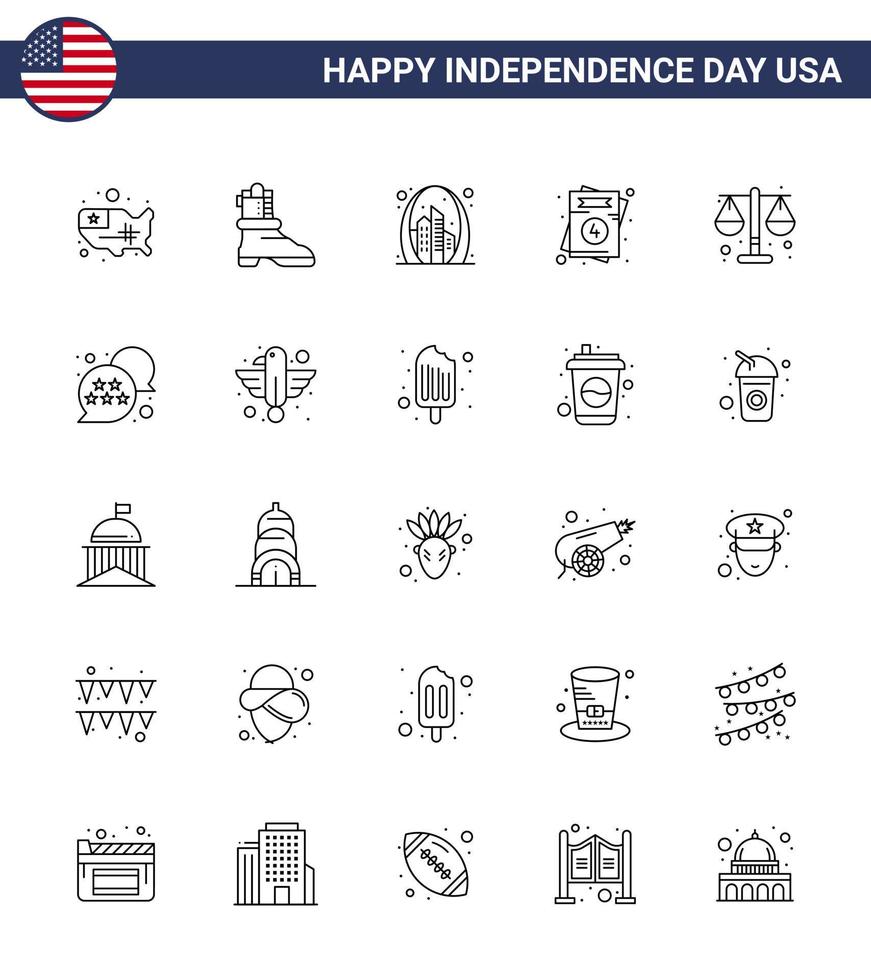 Big Pack of 25 USA Happy Independence Day USA Vector Lines and Editable Symbols of justice wedding building usa invitation Editable USA Day Vector Design Elements