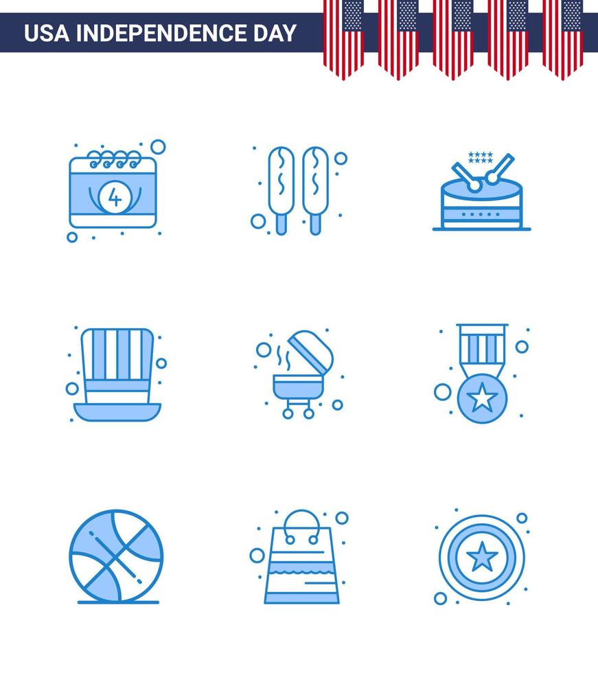 conjunto moderno de 9 azules y símbolos en el día de la independencia de EE. UU., como instrumento de barbacoa a la parrilla, sombrero de EE. vector