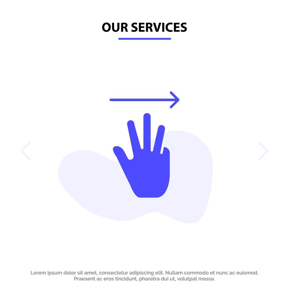 nuestros servicios mano cursor de mano hacia arriba derecha plantilla de tarjeta web de icono de glifo sólido vector