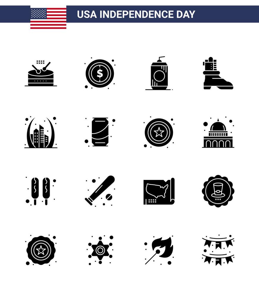 conjunto de 16 iconos del día de los ee.uu. símbolos americanos signos del día de la independencia para la botella del arco de la puerta shose americano elementos de diseño vectorial editables del día de los ee.uu. vector