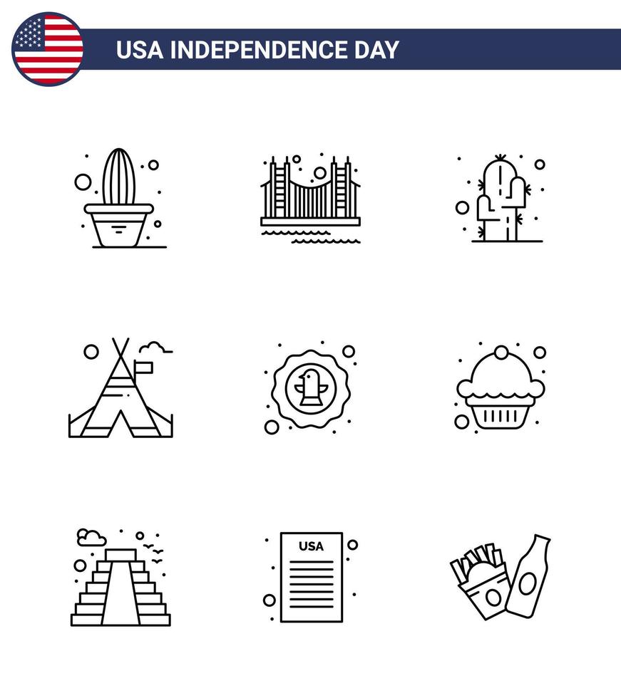 Big Pack of 9 USA Happy Independence Day USA Vector Lines and Editable Symbols of american tent tourism tent free plant Editable USA Day Vector Design Elements