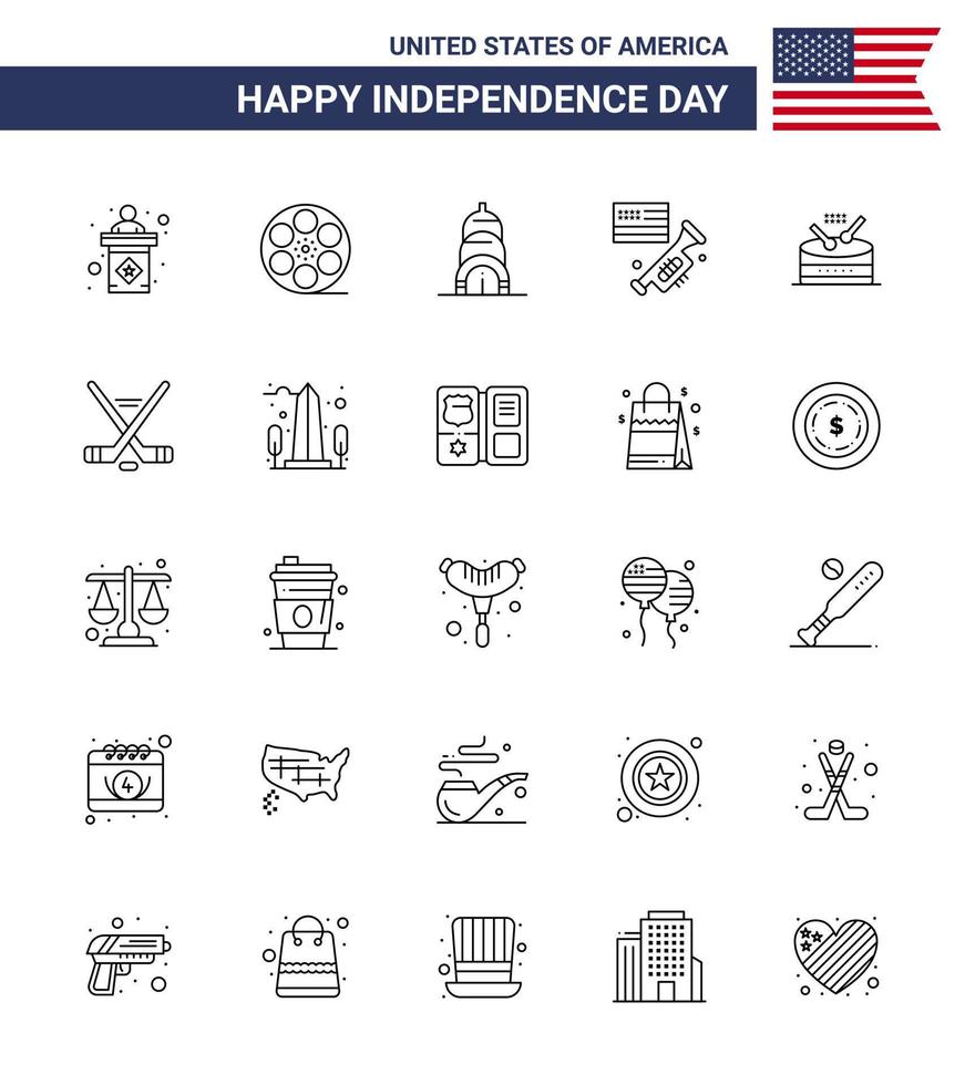 Happy Independence Day USA Pack of 25 Creative Lines of music drum chrysler american speaker Editable USA Day Vector Design Elements