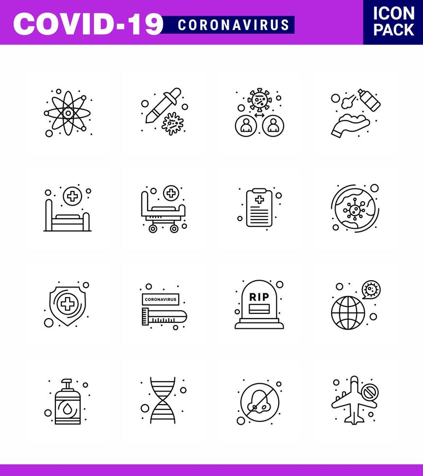 Paquete de iconos de coronavirus covid19 de 16 líneas, como lavarse las manos, rociar bacterias, virus limpio, coronavirus viral 2019nov, elementos de diseño de vectores de enfermedades