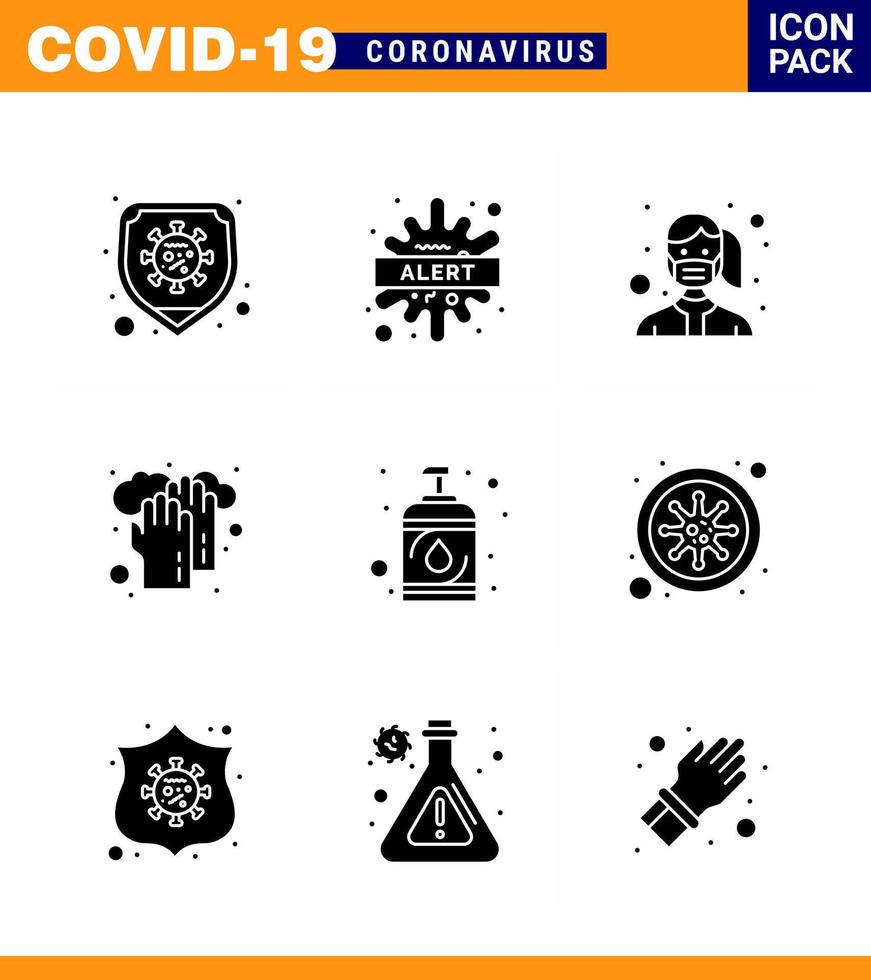 9 Solid Glyph Black Set of corona virus epidemic icons such as washing hands virus healthcare safety viral coronavirus 2019nov disease Vector Design Elements