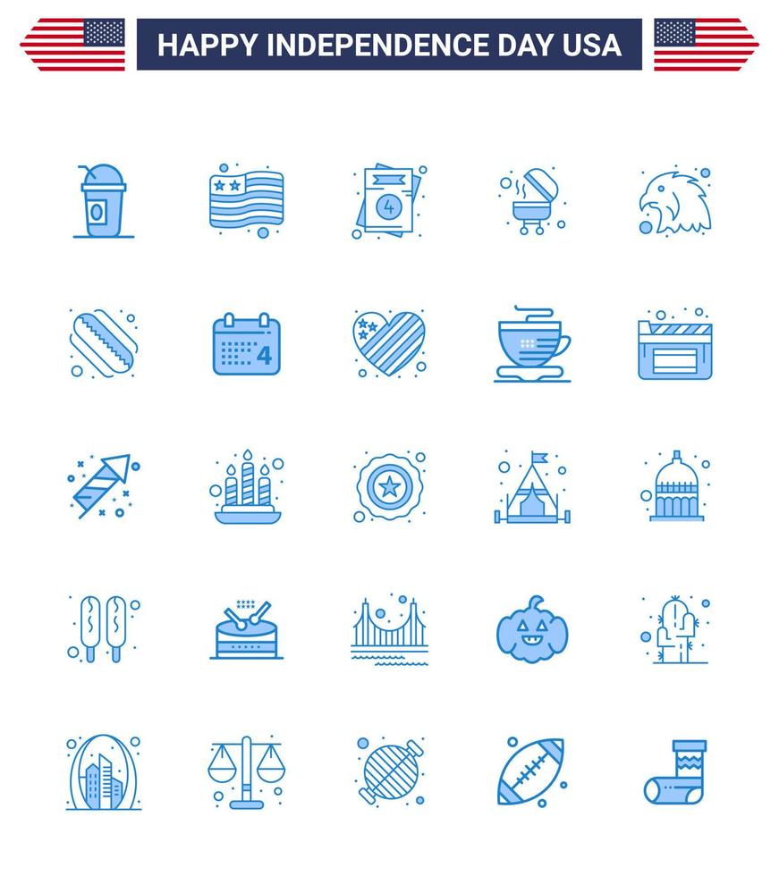 4th July USA Happy Independence Day Icon Symbols Group of 25 Modern Blues of american bird love animal bbq Editable USA Day Vector Design Elements