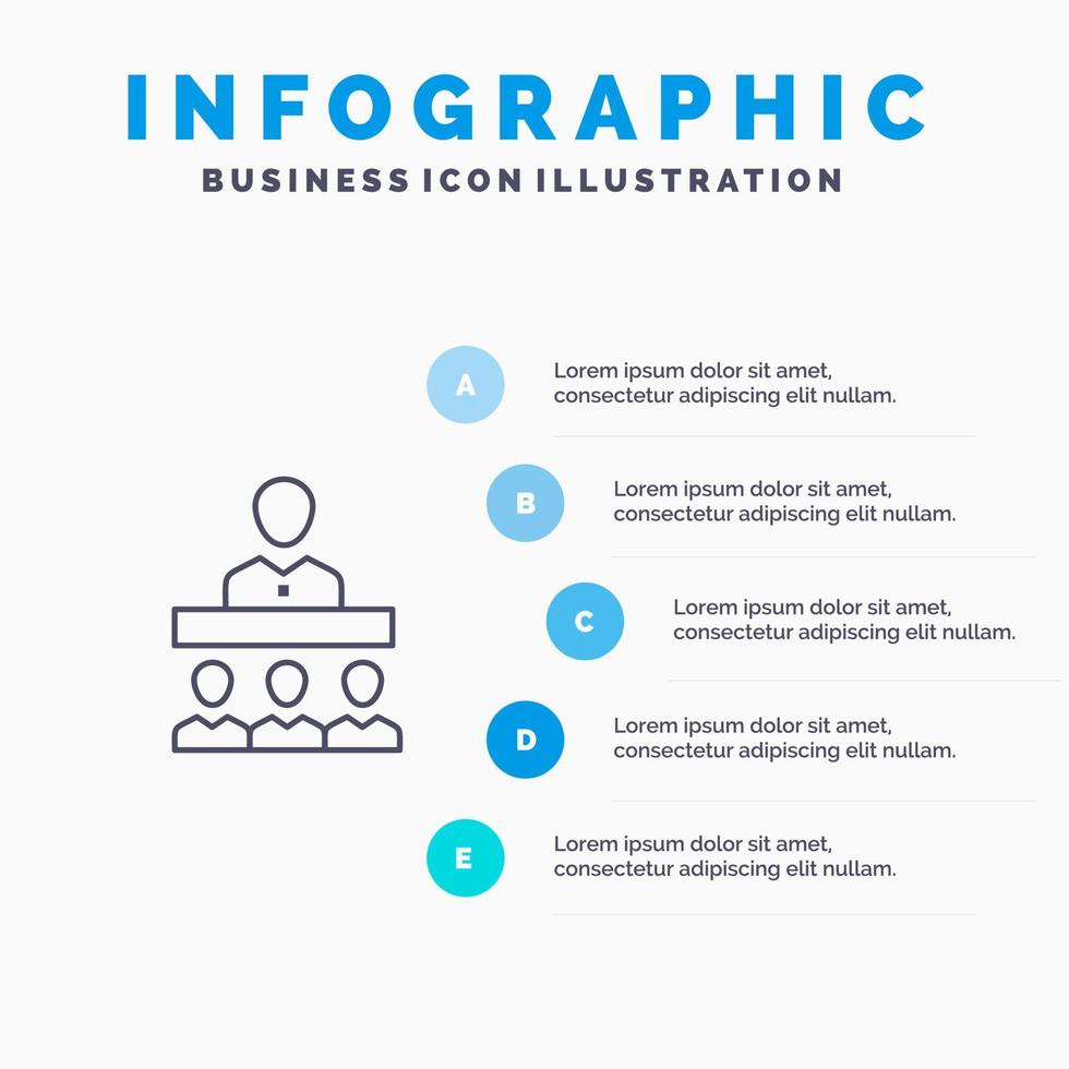 reunión, equipo, trabajo en equipo, oficina, línea, icono, con, 5 pasos, presentación, infografía, plano de fondo vector