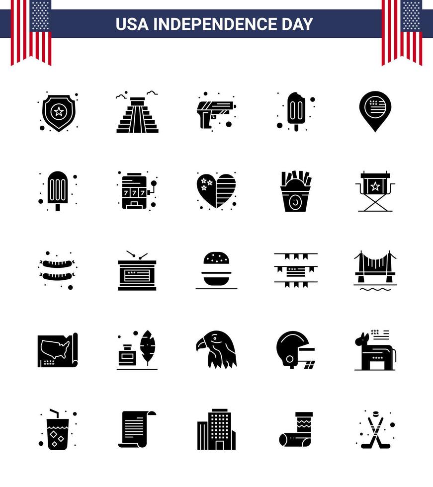 4th July USA Happy Independence Day Icon Symbols Group of 25 Modern Solid Glyph of map american gun cream ice cream Editable USA Day Vector Design Elements