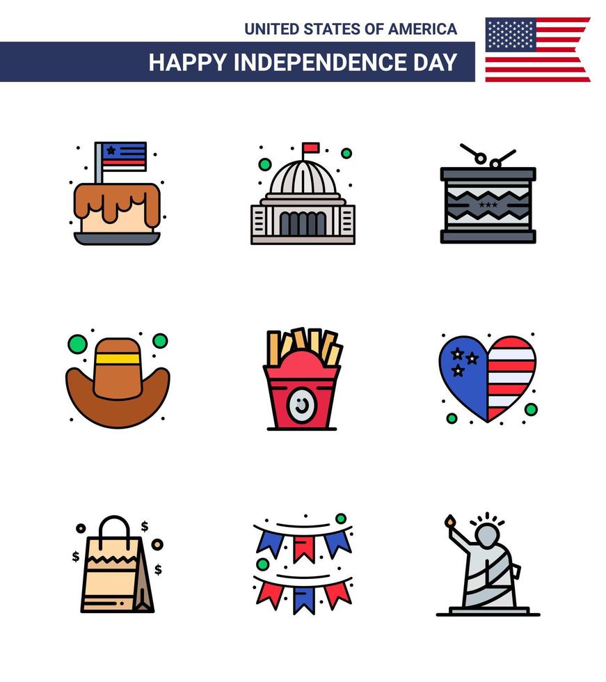 conjunto de 9 líneas planas vectoriales llenas el 4 de julio, día de la independencia de estados unidos, como el hito americano del sombrero, elementos de diseño vectorial editables irlandeses del día de estados unidos vector