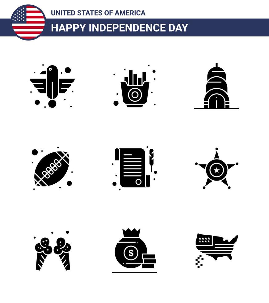 Big Pack of 9 USA Happy Independence Day USA Vector Solid Glyphs and Editable Symbols of receipt american ball chips sports ball Editable USA Day Vector Design Elements