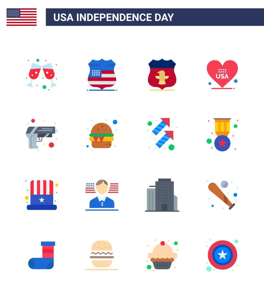 Group of 16 Flats Set for Independence day of United States of America such as army gun usa usa love Editable USA Day Vector Design Elements