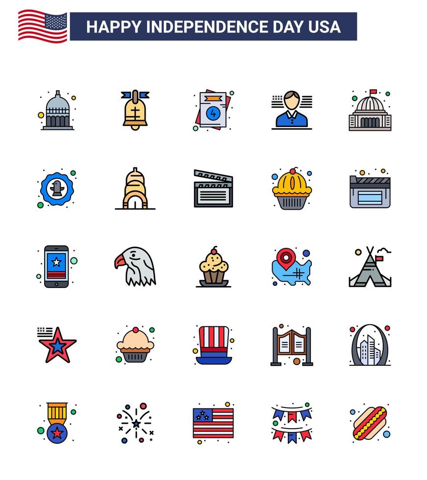 Flat Filled Line Pack of 25 USA Independence Day Symbols of house place invitation flag man Editable USA Day Vector Design Elements
