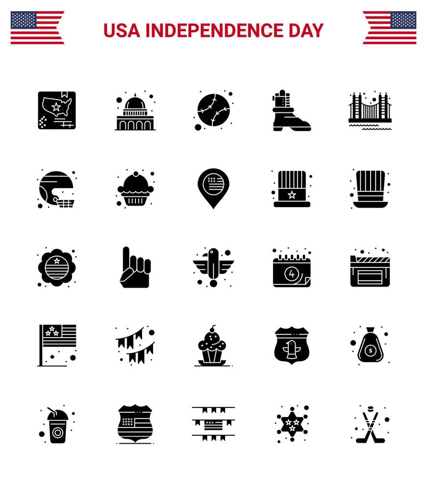 Group of 25 Solid Glyph Set for Independence day of United States of America such as golden bridge american american shose Editable USA Day Vector Design Elements