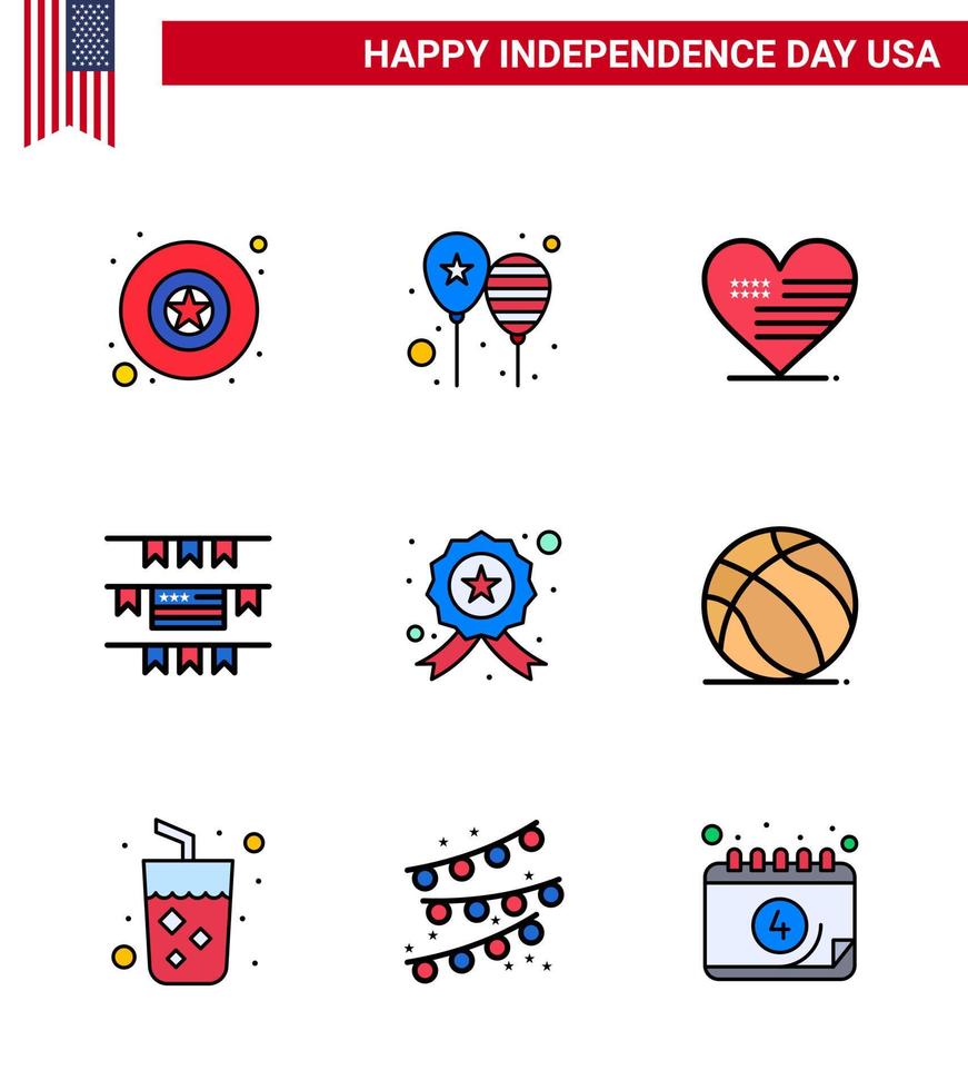 paquete de línea llena plana de 9 símbolos del día de la independencia de estados unidos de insignia de estrella corazón empavesados americanos elementos de diseño de vector de día de estados unidos editables